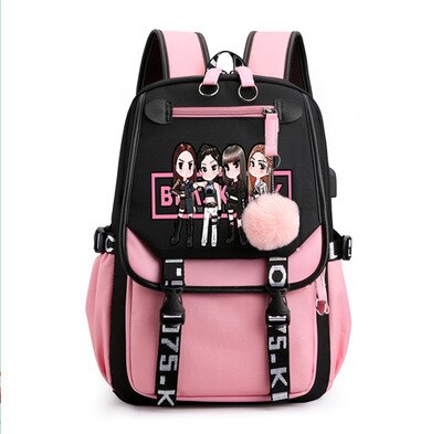 Oxford Women's Backpack Bag USB Interface School Backpacks Large Capacity Outdoor Travel Bag For Middle School Students: PINK BLACK