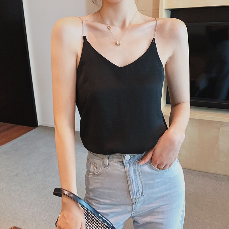 Camisetas sin mangas con tirantes finos y cuello en V para mujer, camisola sedosa de satén sin mangas con cadena de metal, blusa de para mujer
