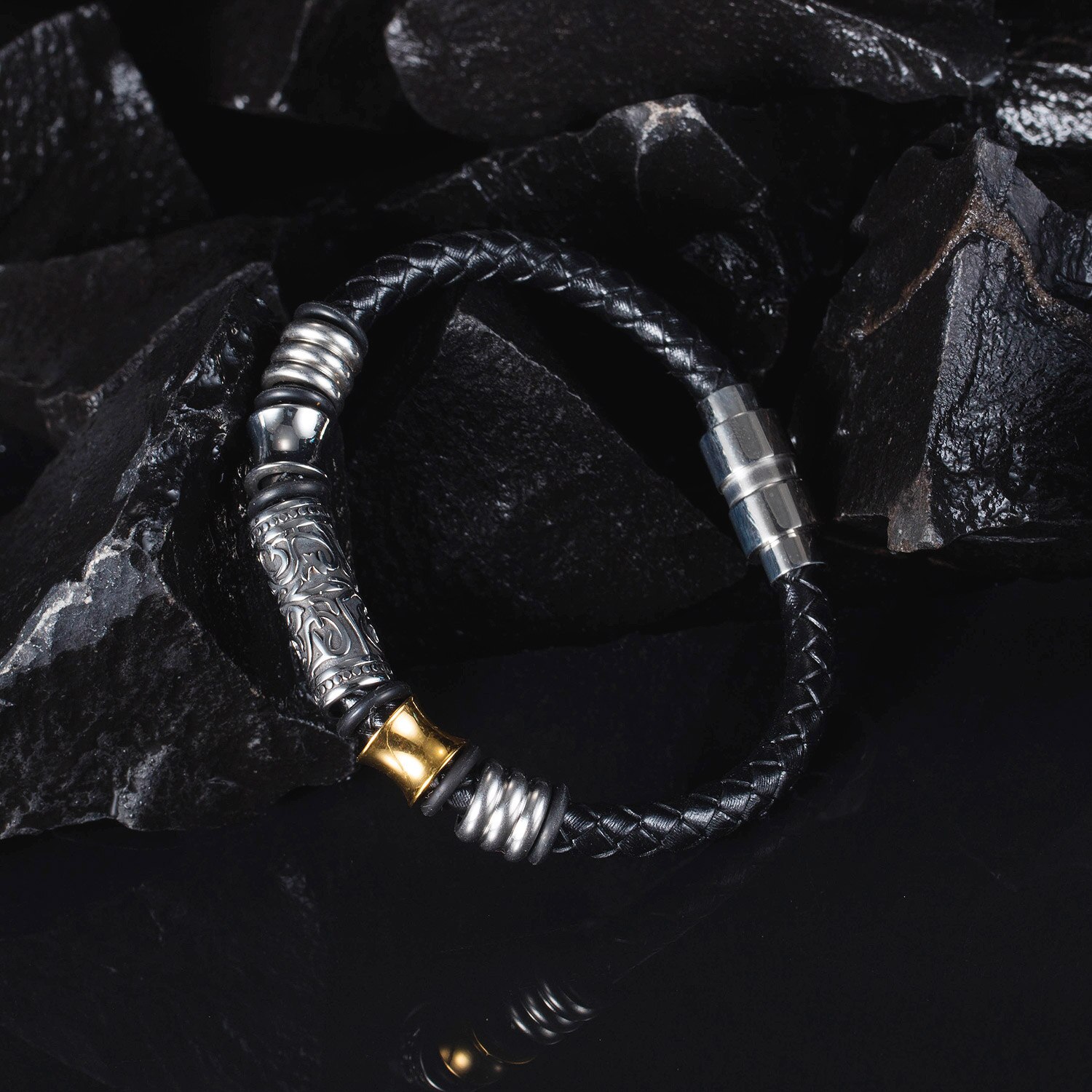 JIALY European Men Punk in pelle intrecciata nera retrò Totem Charm bracciale bottone in acciaio inossidabile gioielli da polso B0202