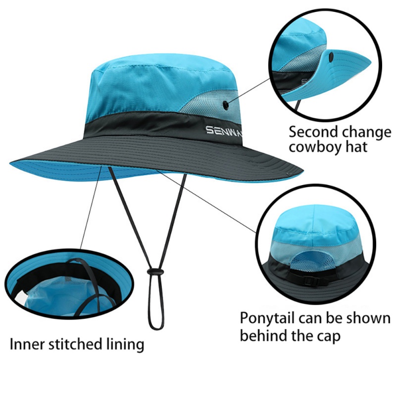 Sport Womens UV Protection Wide Brim Sun Hats - Cooling Mesh Ponytail Hole Cap Foldable Travel Outdoor Fishing Hat Style