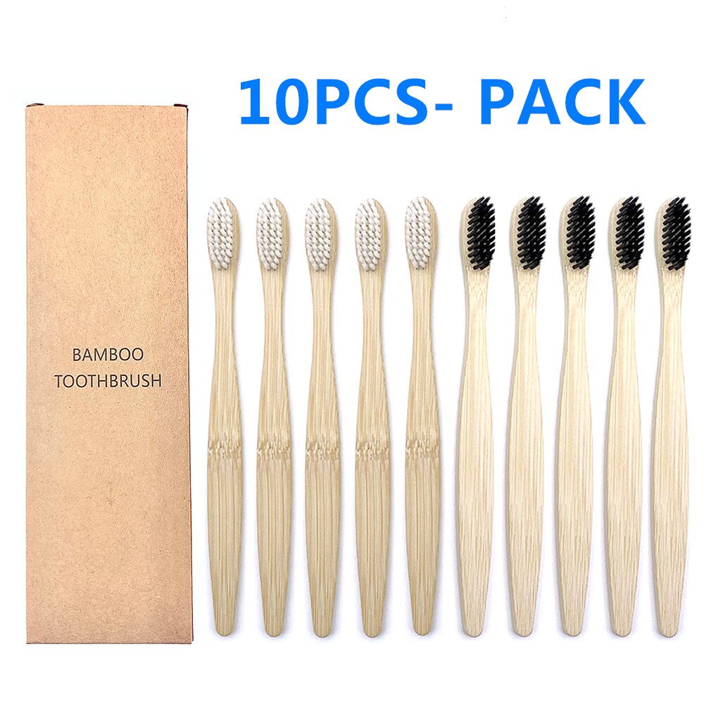 10pcs Eco-Friendly Plastic-Free Bamboo Toothbrush Soft Bristle Natural Healthy Dental Oral Care Hygiene Toothbrushes: 5 White 5 Black