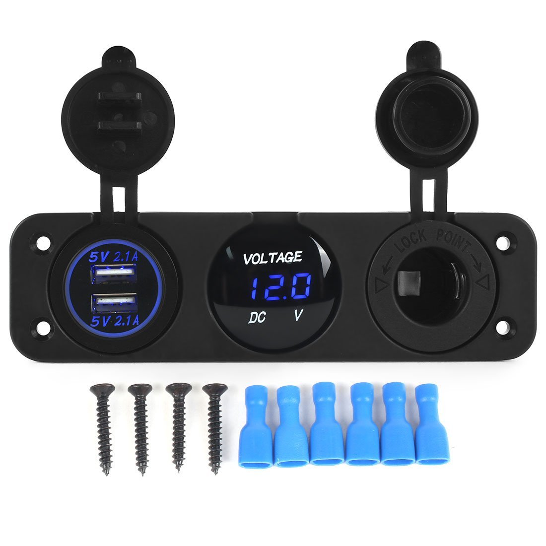 Dobbelt usb-stik oplader 2.1a+2.1a 12v cigarettænder led voltmeter 3 in 1 oplader panel til bil motocykel båd marine lastbil: Blå