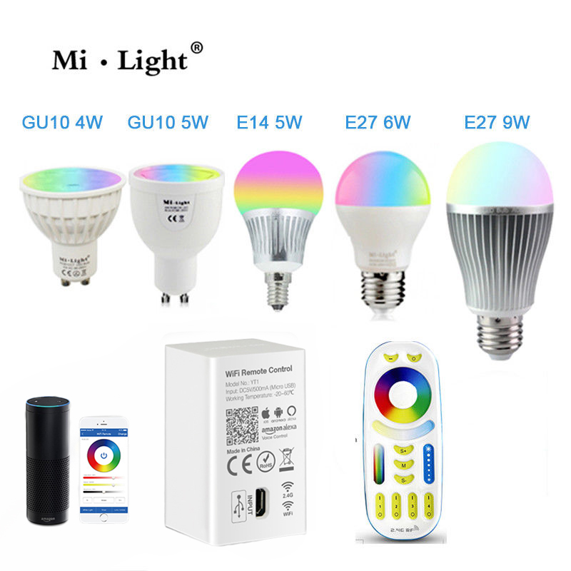 Milight Led Bulb CCT/RGBW/RGBWW/RGB+CCT Dimmable Bulb Light 16 Million Colours MR16 GU10 E14 E27 12W & Alexa wifi Controller