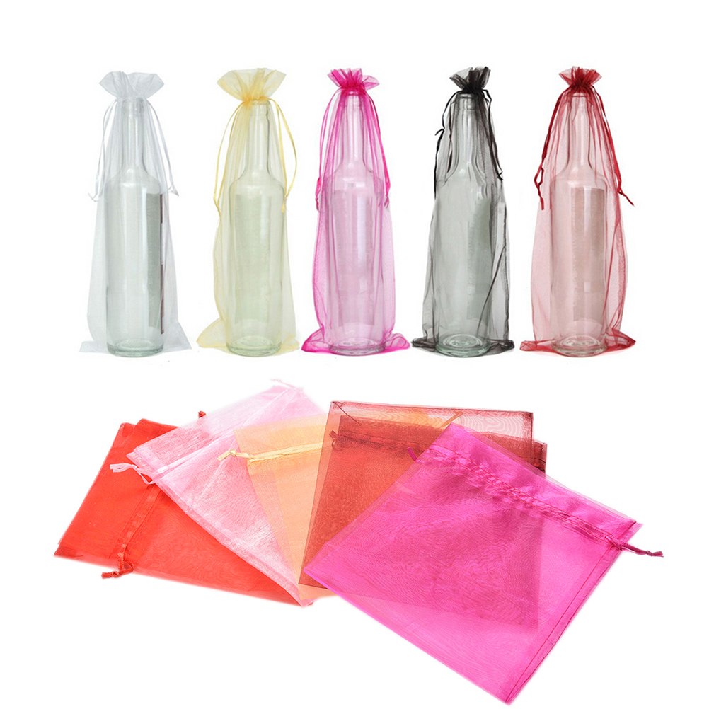 10 stuks organza wijnfleszakken opbergzak voor kerst, bruiloft, feest, verpakking, huisdecoratie, 37 x 15cm