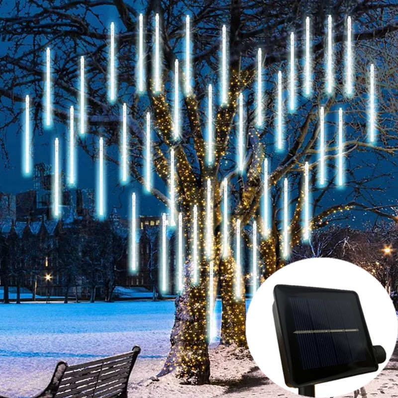 Guirlande lumineuse Led, décoration extérieure de noël pour arbre de jardin, 8 tubes 30/50cm, pluie de météores solaire, lumière féerique de: WHITE / 6-10W