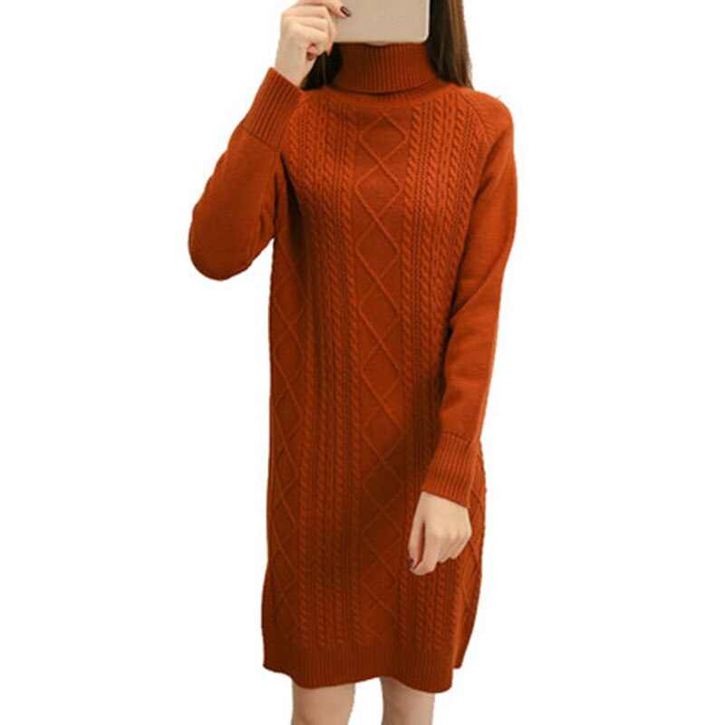 Winter vrouwen Twist Warme Gebreide Trui Lange Jurk Dames Coltrui Volledige Mouw Lange Slanke Gebreide Sweater F532