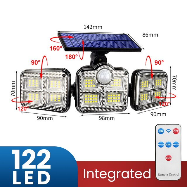 Solar Led Light Outdoor Lighting 3 Head Motion Sensor Wide Angle Illumination Super Bright Waterproof Remote Control Wall Lamp: Integrated-122 SMD