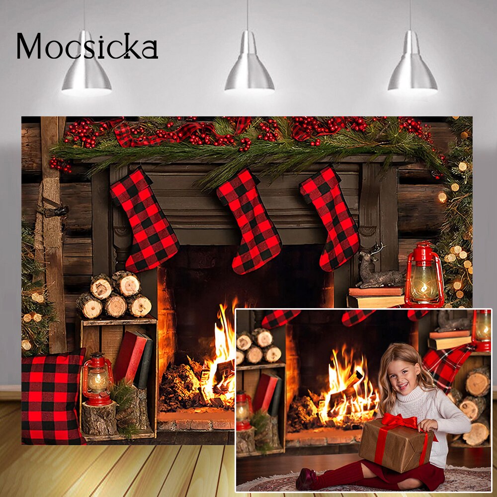 Inverno lareira de madeira fotografia pano de fundo meia vermelha natal aniversário retrato fundo bolo de natal quebra photo studio adereços