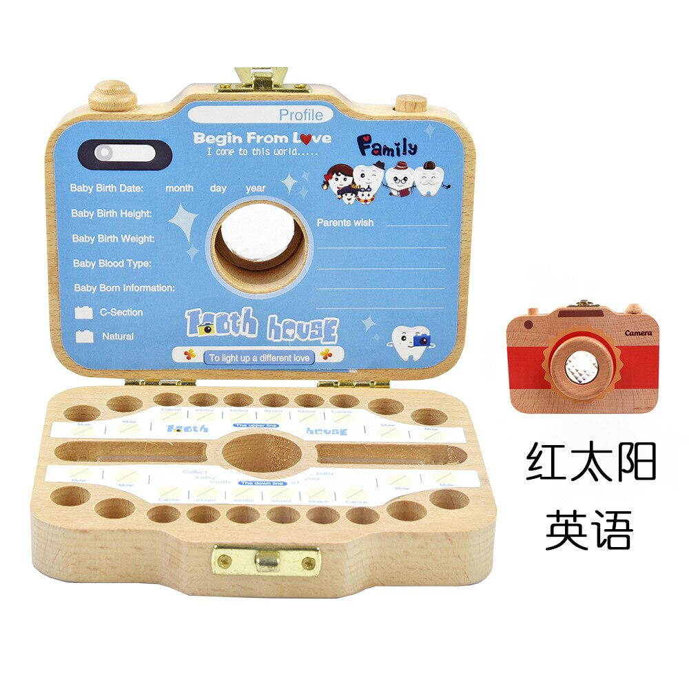 Baby houten tandendoos organizer melktanden opslag camera doos japans engels tanden verzamelen navelstreng bewaren baby tandendoos: Rode zon-engels