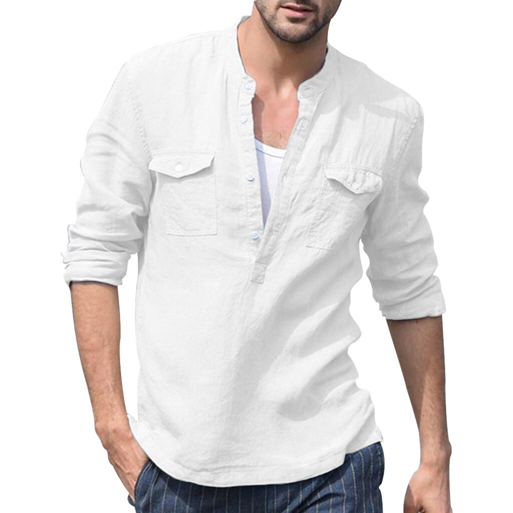 FREE OSTRICH Casual Shirt Men's Loose Cotton Linen Pocket Solid Color Long Sleeve Shirt Casual Comfortable Men's Shirts