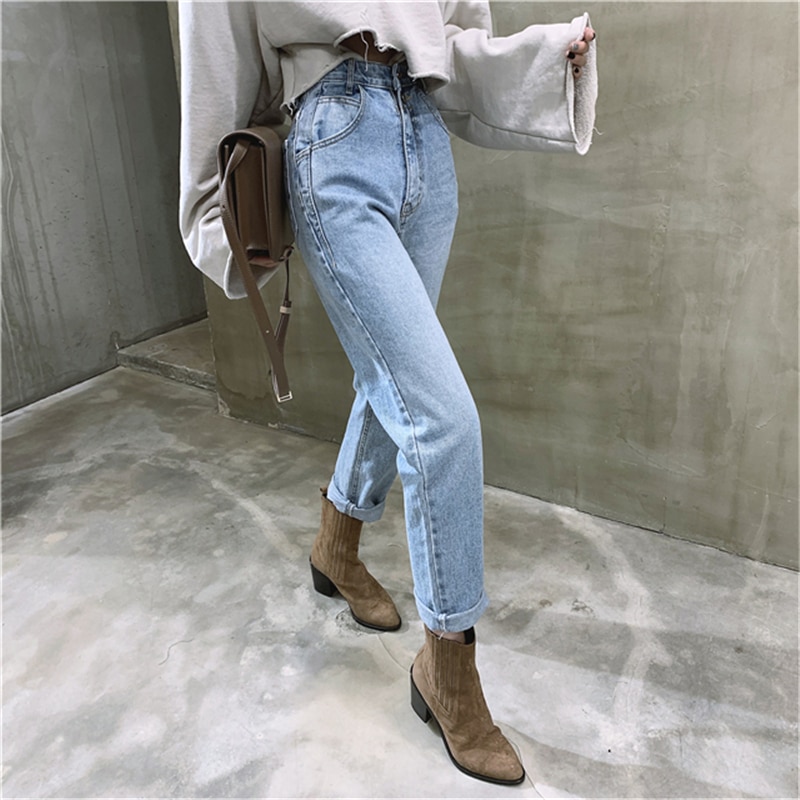 Vintage hoge taille rechte jeansbroek voor vrouwen streetwear losse vrouwelijke denim jeans knopen rits dames jeans pantalon 10394