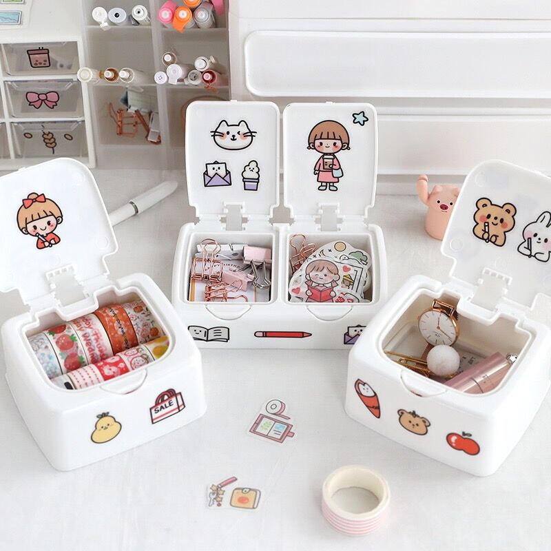 MINKYS Cute Girls ABS Mini Desktop Organizer Storage Box 1PC Free Sticker Kawaii Korean School Stationery