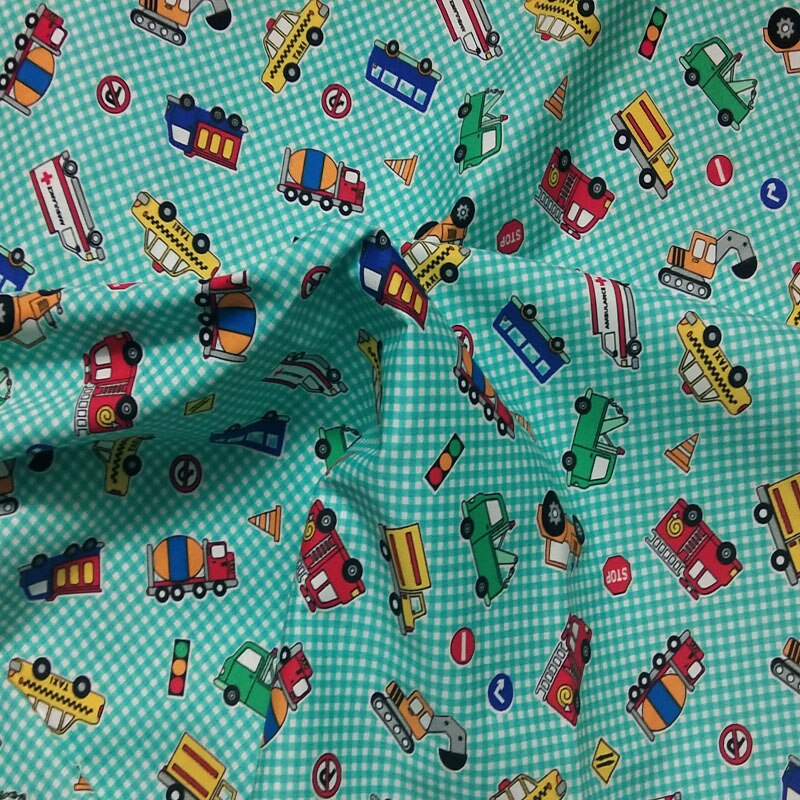 Tela de algodón con estampado de dibujos animados para coche, ornamento de paño para vestido de retazos, color verde, azul, liso, 100%