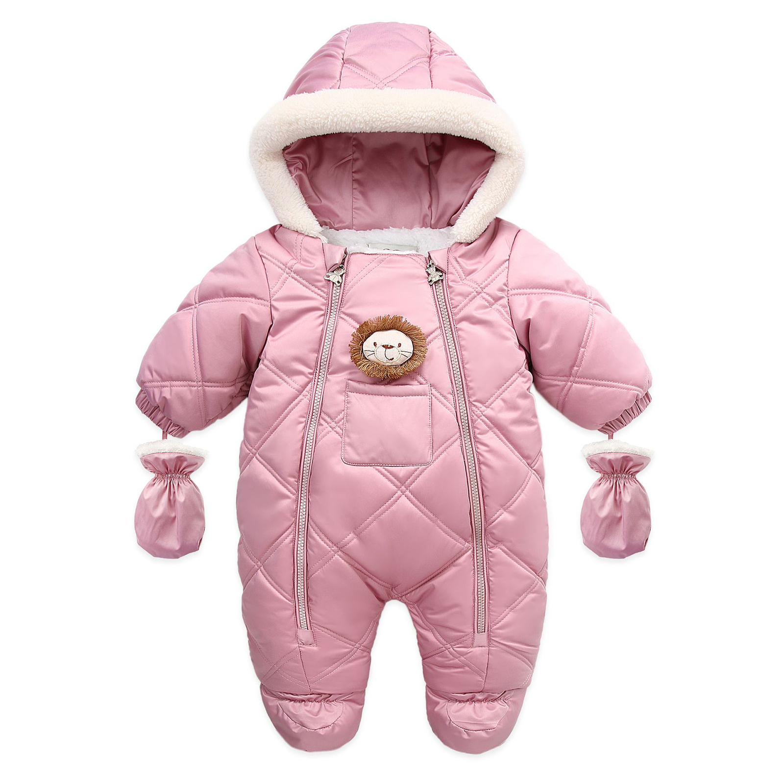 Bebê inverno footed macacão leão dos desenhos animados com capuz mangas compridas footies macacão com luvas para a criança meninas meninos 6-24 meses
