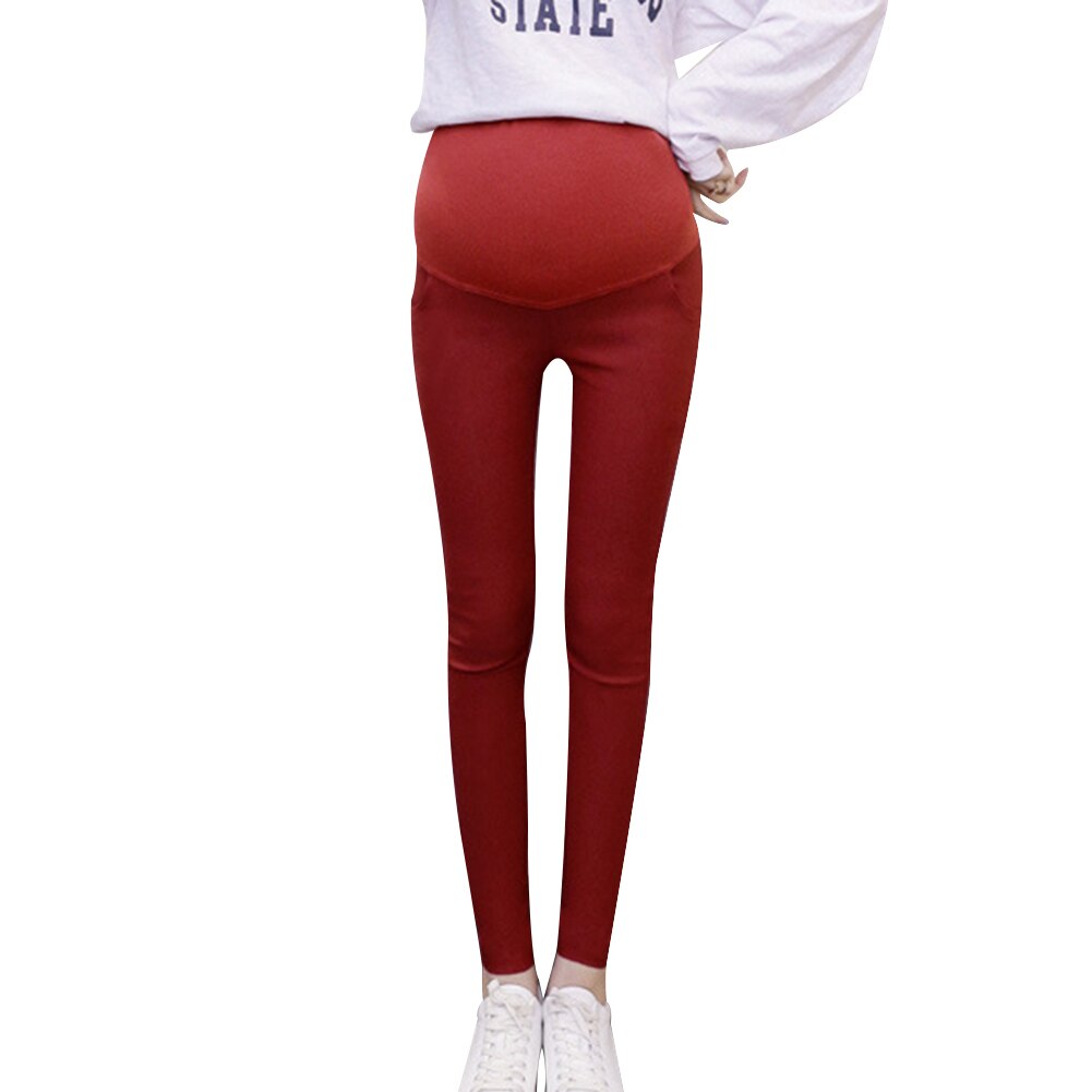 Leggings över magen för gravida kvinnor med stretchfötter pennbyxor  m09: Röd / L