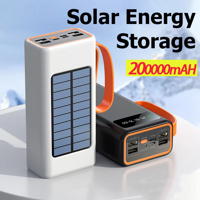 200000 Banco de energía Solar grueso de mAh, Cables integrados de gran capacidad, batería externa, Banco de energía con luz LED para iPhone, Huawei y Xiaomi