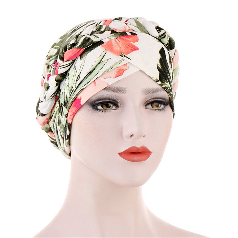 Bohemia Printed leopard cotton turban cap braid muslim head turbans for women pearls headscarf bonnet islamic inner hijabs caps: 13