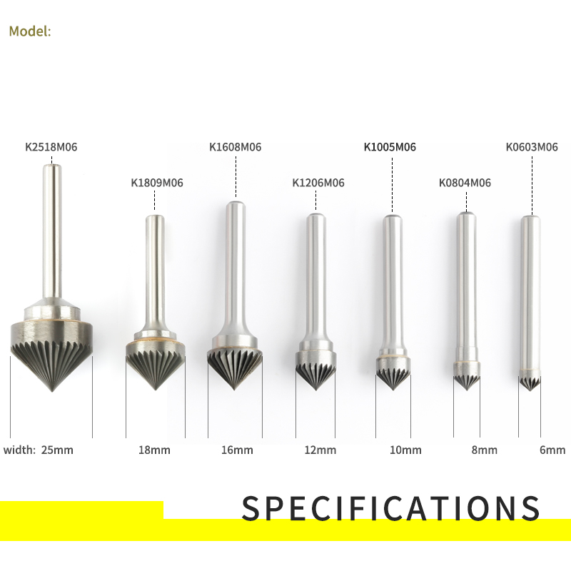 90 degree Conical Alloy Hard Metal Grinding Head 1pcs Wood Carving Tungsten Steel Rotary Boring Cutter K-type File Boring Tool