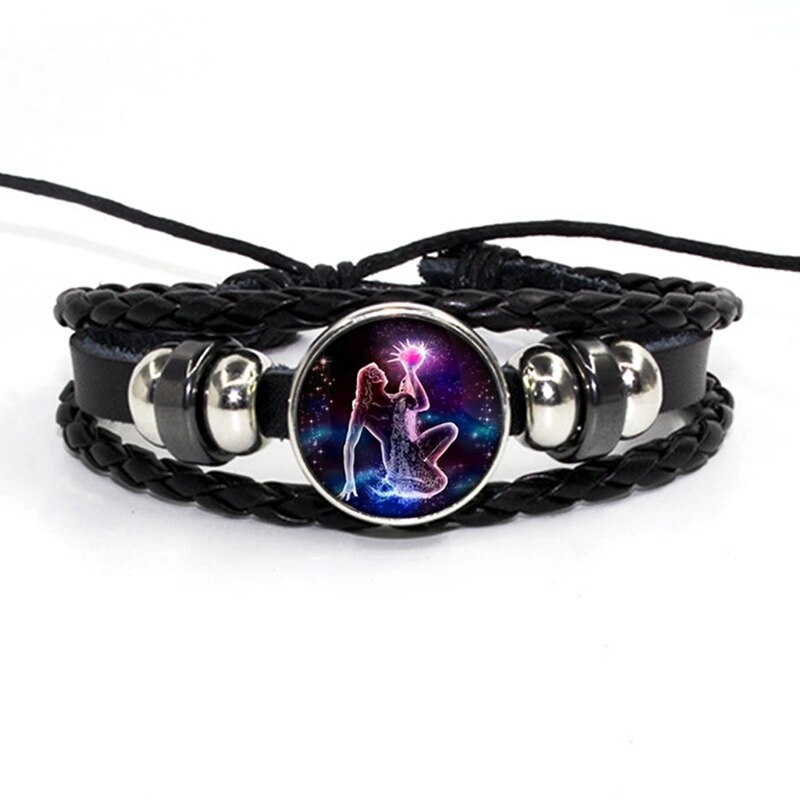 Luminosos 12 signos del zodiaco pulsera que brillan en la constelación oscura cabujón de cristal botón a presión pulseras de cuero de cumpleaños: 8-Aquarius