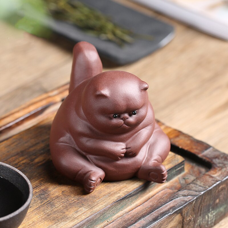 Ceramic Animal Figurines Purple Clay Tea Pet Cute Kung Fu Small Angry Cat Crafts Home Car Decoration Ornaments