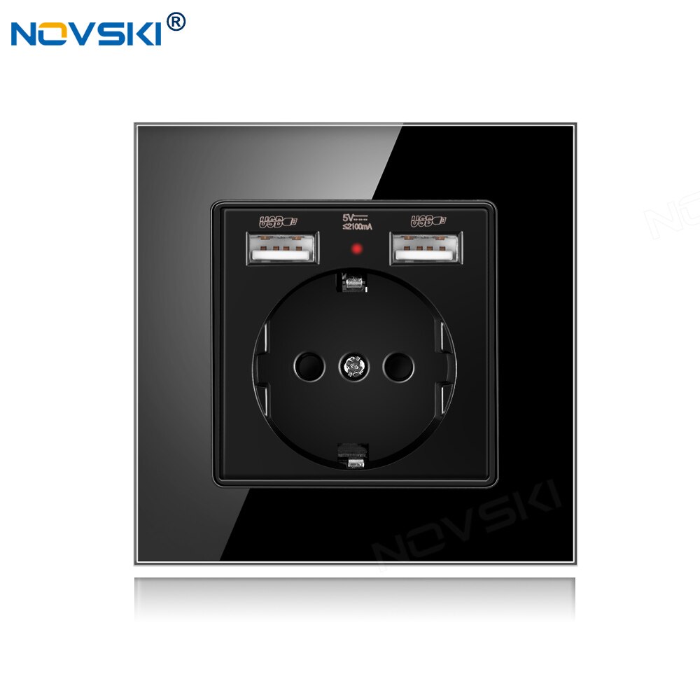 NOVSKI Pop Socket, USB-разъем 220, Electrical German Outlet, 2.1A Dual USB Charging Port with Soft LED Indicator: Crystal Glass Black