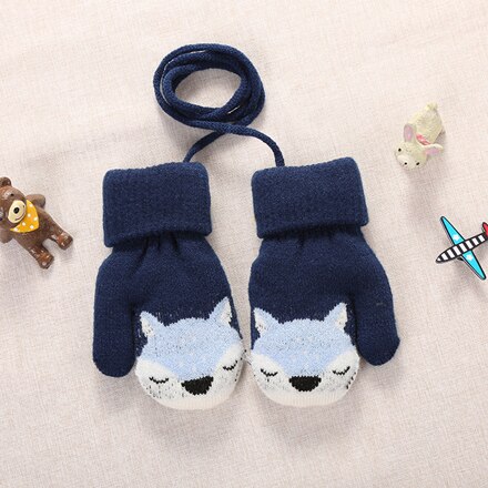 Baby Leuke Handschoenen Jongens Meisjes Cartoon Vos Winter Warme Wol Plus Dikker Volledige Touw Vinger Wanten Kinderen Gebreide Handschoenen voor 0-3 Y: Navy Blue