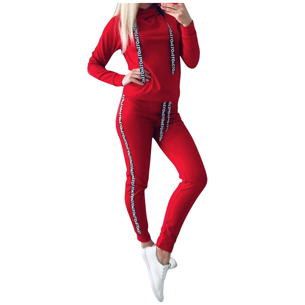 Chalaza Suit Set Women Tracksuit Two-piece Style Outfit Sweatshirt Sport Wear: Red / L