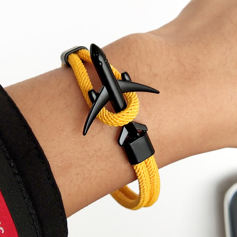 Avion hommes Bracelet corde chaîne noir Bracelet à breloques femmes mâle survie Aviation Style enveloppement en alliage de métal Sport crochet bijoux