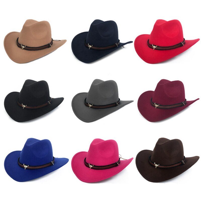 Kvinder mænd uld klassisk western cowboy hat roll-up bred kant rand punk læder bælte jazz cap med tauren læder bælte cowboy hat