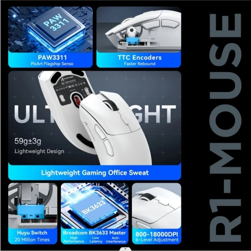 Attack Shark R1 2.4G USB Tri-modeWireless Gaming Mouse Conexão Bluetooth 18000DPI 1000Hz Macro Ratos Para PC