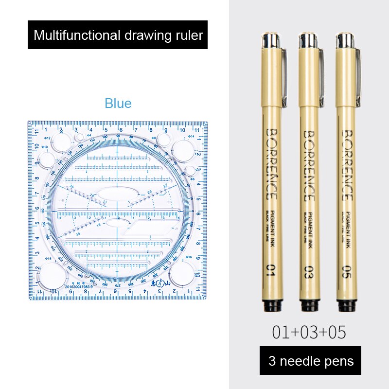 Multifunktionale Lineal Set Mathematik Geometrie Kreis Zeichnung Prüfung Winkelmesser Kreative Zeichnung Schreibwaren Herrscher Ausarbeitung Werkzeuge: Blue and 3 pen