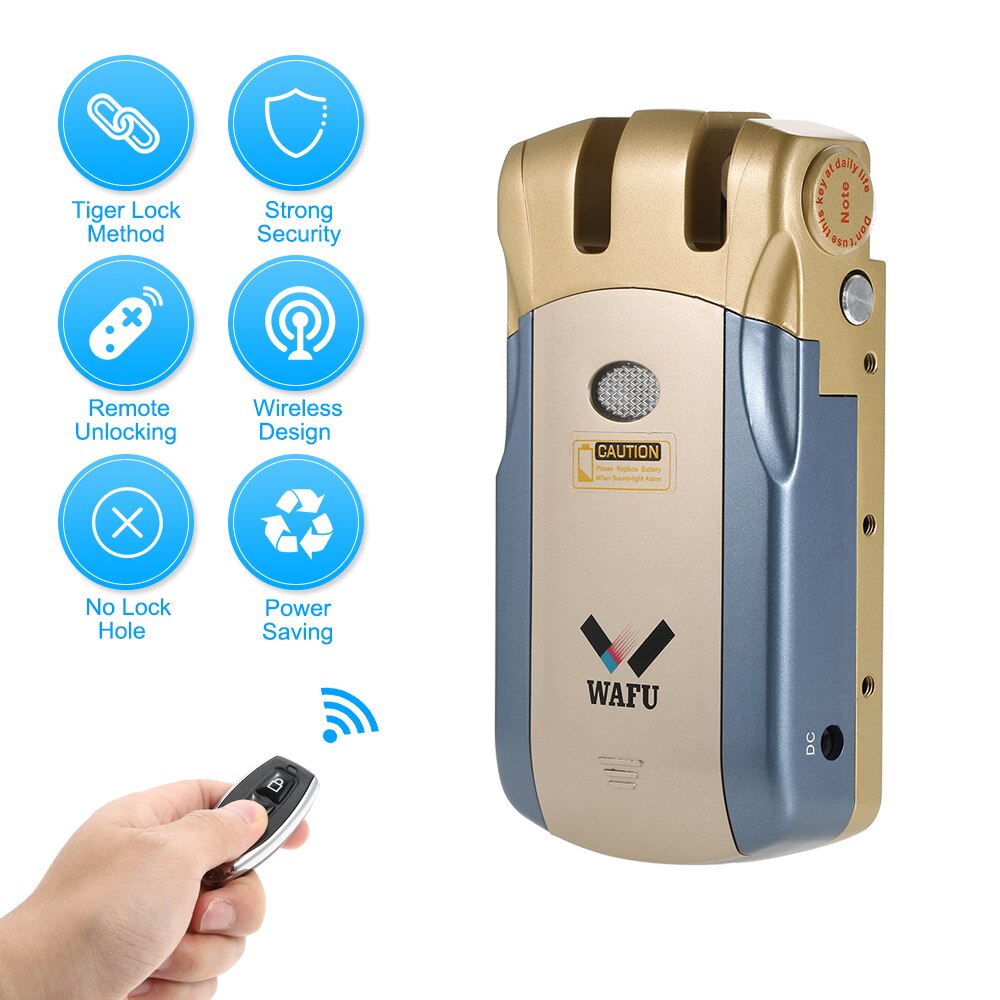Wafu-cerradura inteligente de WF-018, cerrojo de Control remoto inalámbrico de seguridad, Invisible, sin llave, para puerta, aleación de Zinc, Metal, con 4 llaves remotas: Blue Gold 4 Keys