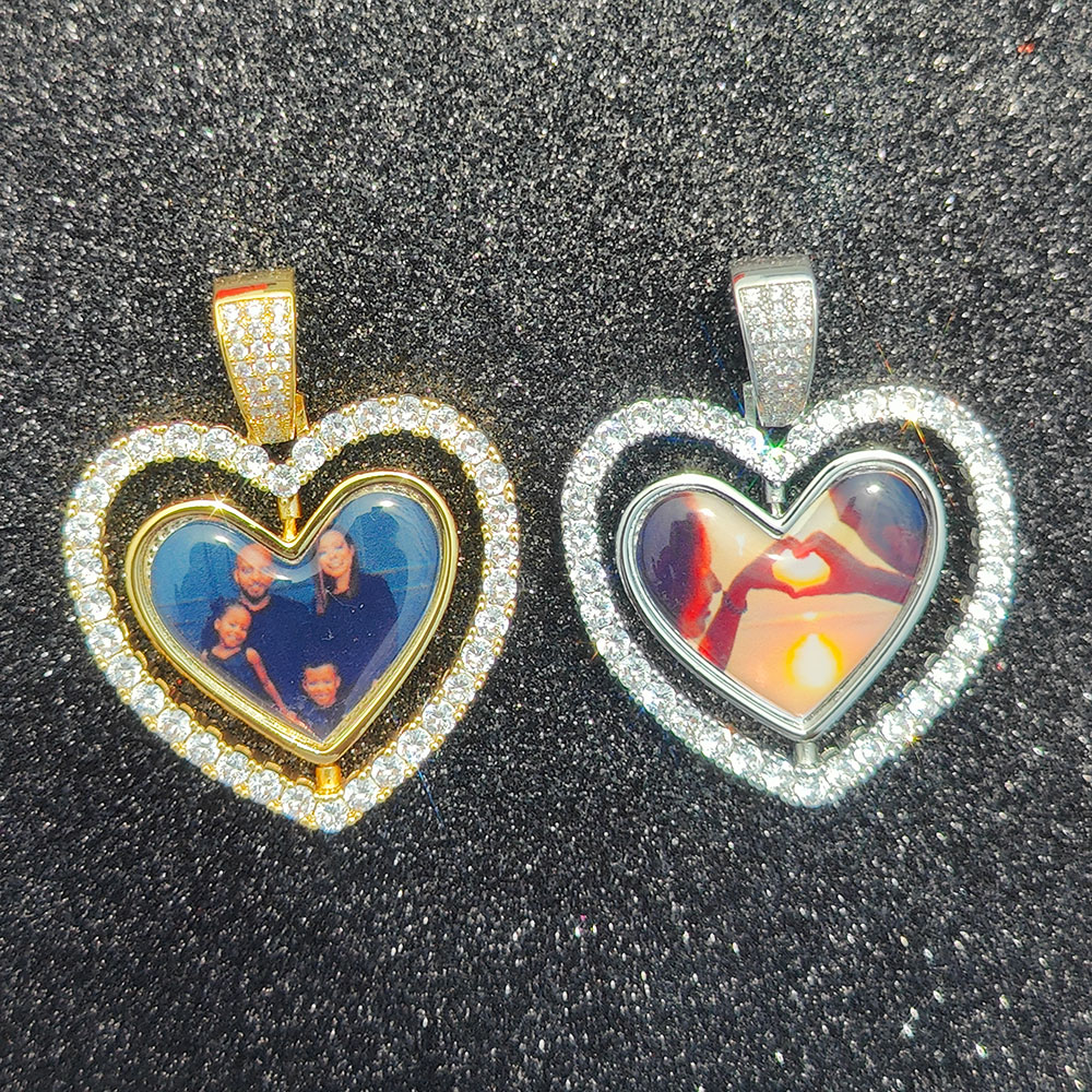Collar con colgante de imagen de corazón de dos caras, joyería para hombres, Hip Hop, foto helada personalizada, colgante giratorio para mujeres,