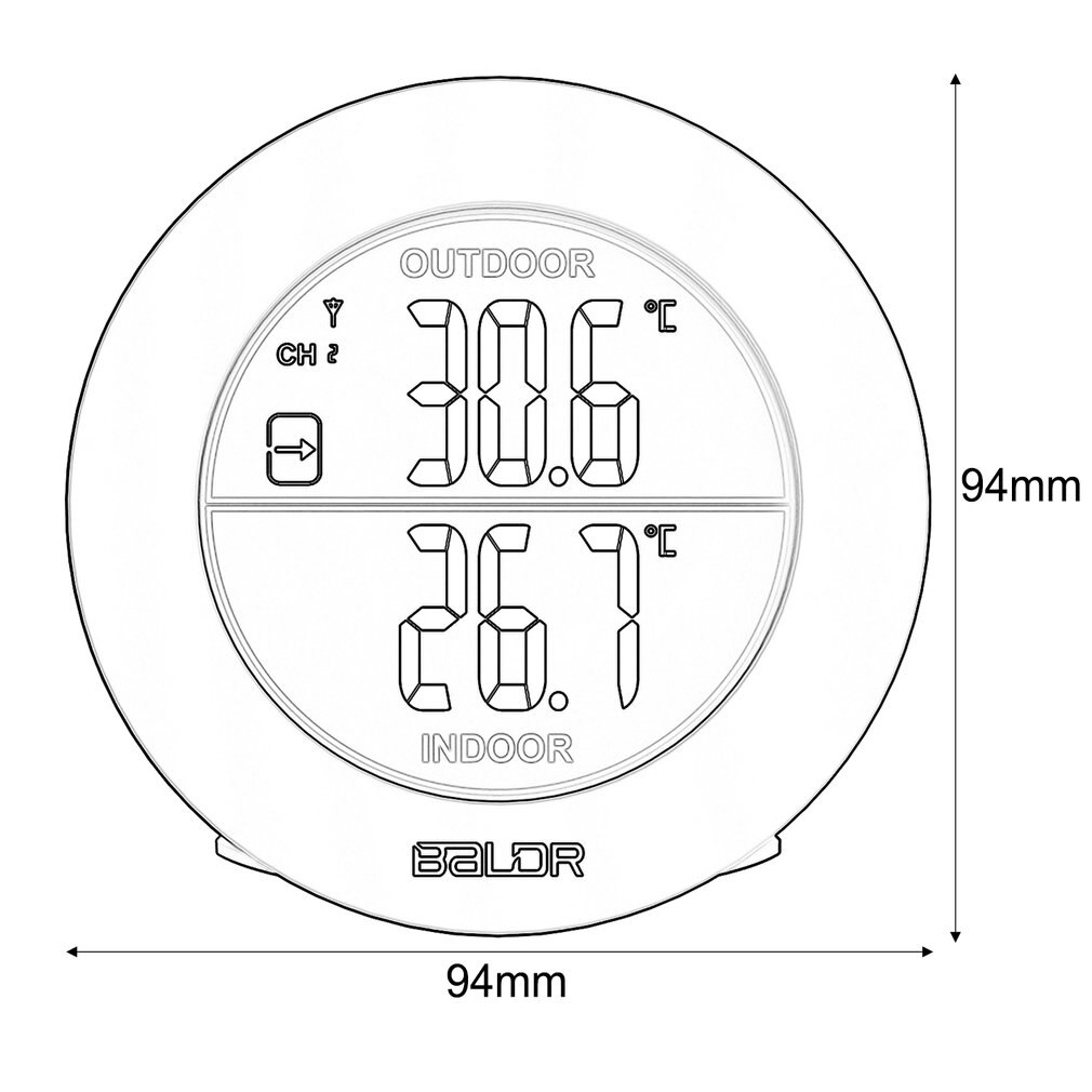 Baldr Ronde Vorm Thermometer Draadloze Tafel Indoor Outdoor Lcd-scherm Weerstation Digitale Muur Temperatuur Meter Sensor