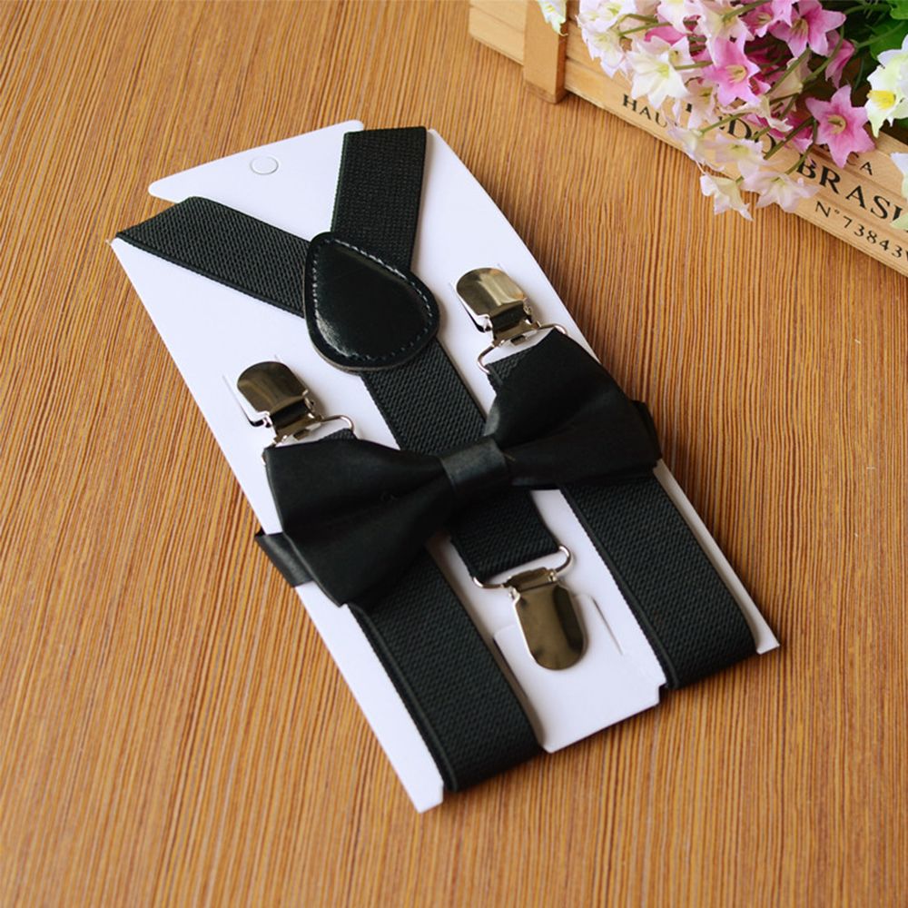 Børn elastiske seler butterfly sæt matchende smoking jakkesæt unisex dreng pige bowtie bryllup kostume justerbar y-tilbage bøjle bælte: Sort