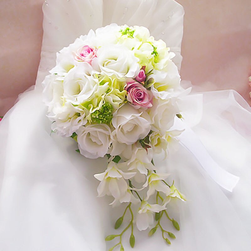 white Buque De Noiva Wedding BouquetsWater shaped bride holding flower waterfall hand flower wedding