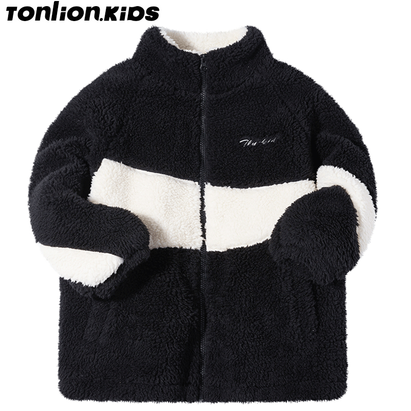 TON LION KIDS Boys Winter Coat, Warm Coat, High Collar Black and White Stitching Plush Coat, Boys&#39; Clothing