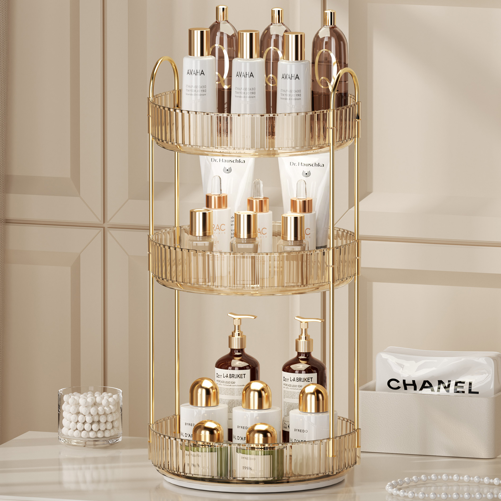 Rotating Makeup Organizer for Vanity 3 Tier Skincare Organizers Large Storage Bathroom Countertop Clear Cosmetic Holder Dresser: Orange