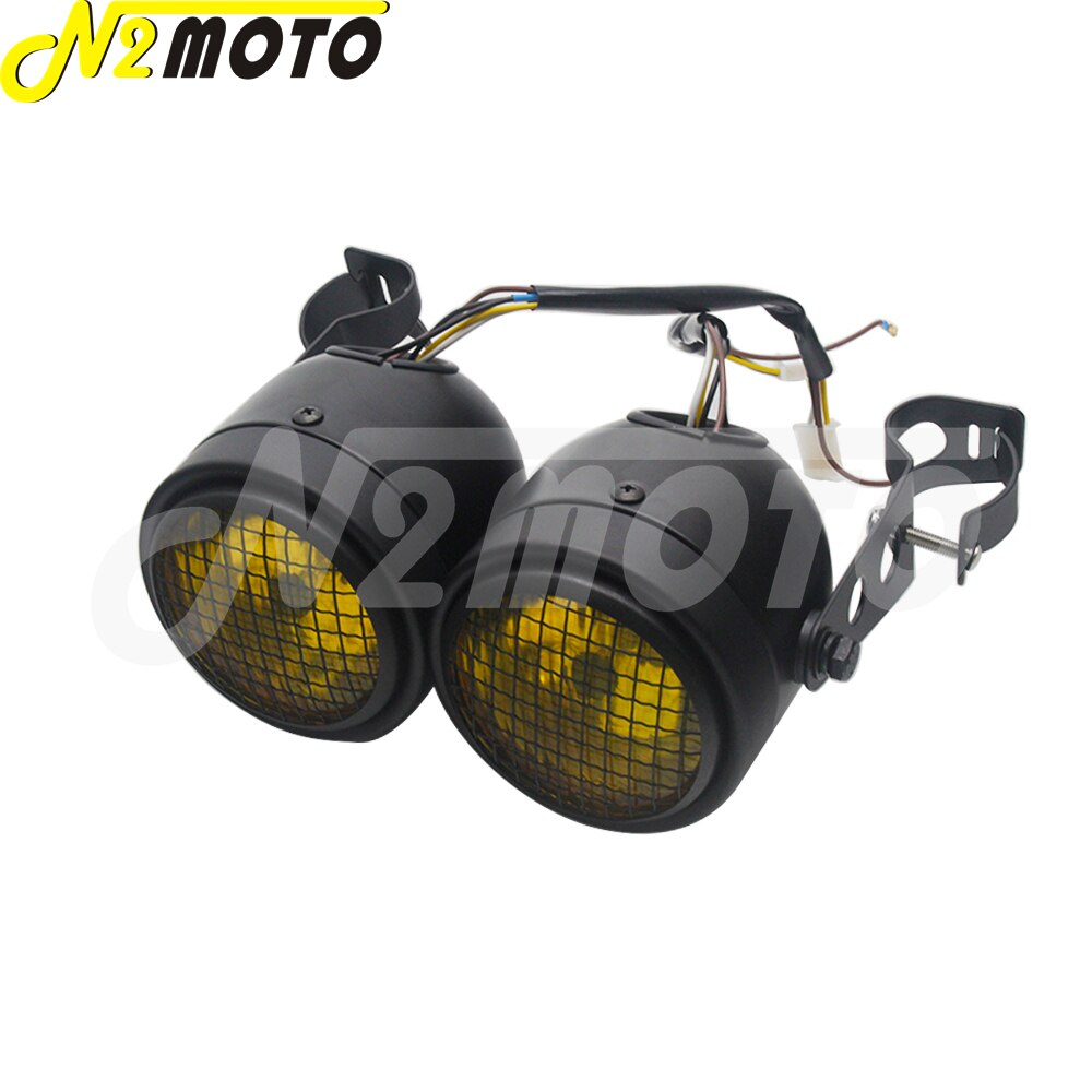 Grill Objektiv Scheinwerfer Vorne Kopf Lampe + Halterung Doppel Runde H4 Beleuchtung Für Zerhacker Harley Suzuki Honda: 1073-BKYE