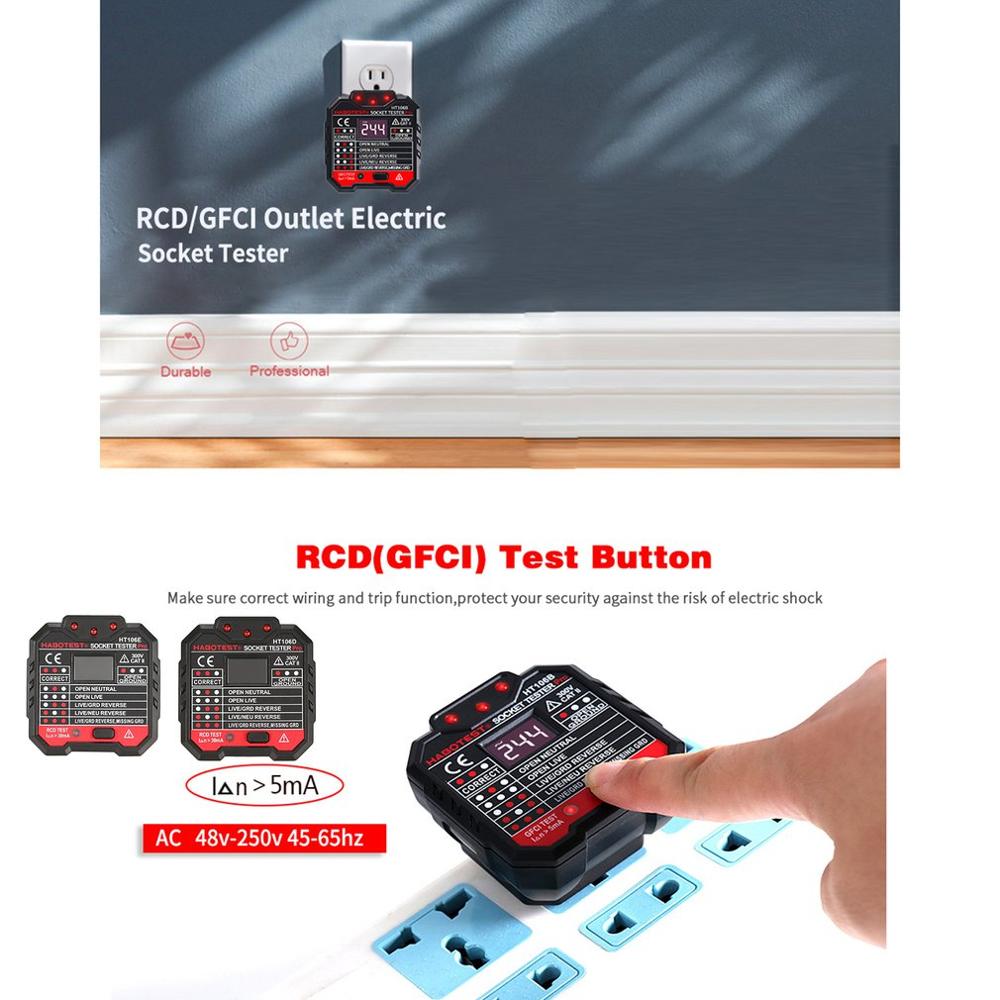 HT106 Socket Tester Pro Voltage Test Socket Detector UK EU Plug Ground Zero Line Plug Polarity Phase Check