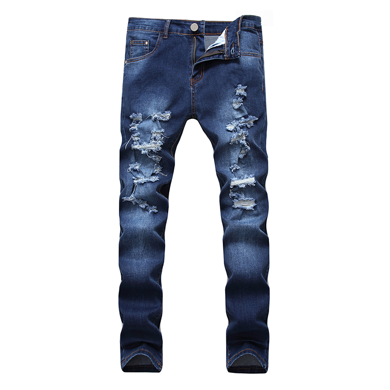 Ripped Heren Jeans Blauw Verontruste Denim Rechte Jeans Patchwork Stijlvolle Jeans Voor Mannen Hole Broek Studenten
