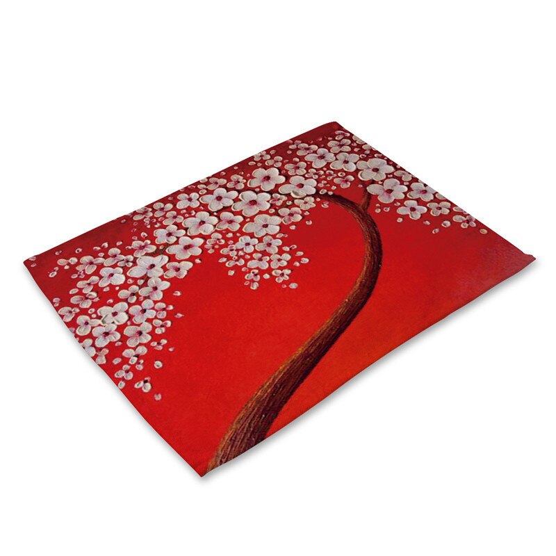 1Pcs Flower Tree Pattern Kitchen Placemat Dining Table Mat Drink Coaster Cotton Linen Pad Bowl Cup Mat 42*32cm Home Decor MP0016: I