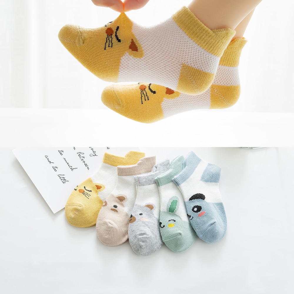 5 Paare/los 0-2Y Baby Socken Sommer Baumwolle 3D Karikatur Ebene freundlicher Socken Mädchen Gittergewebe Nette Neugeborene Junge Kleinkind Socken Baby