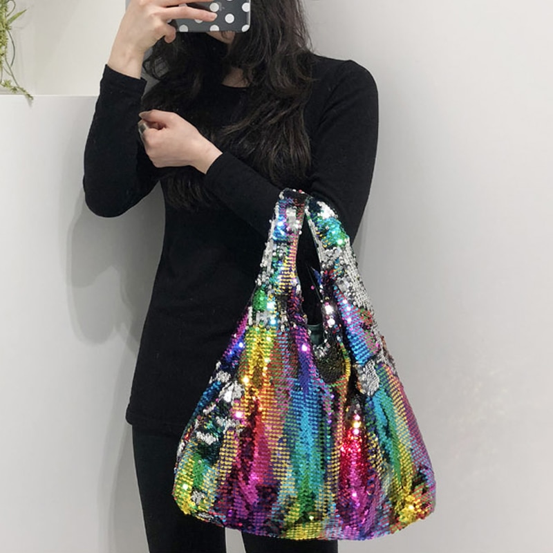 Color Sequin Bag Ins Color Changing Handmade Beaded Shopping Bag Handbag Shoulder Bag Women's Bag