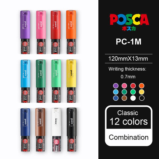 Uni POSCA PC-1M / 3M / 5M Pop Poster Werbung Stift auf wasserbasis Marker Stift Anfänger Malerei färbung Spezielle Marker Kuli-einstellen: PC-1M 12Farben