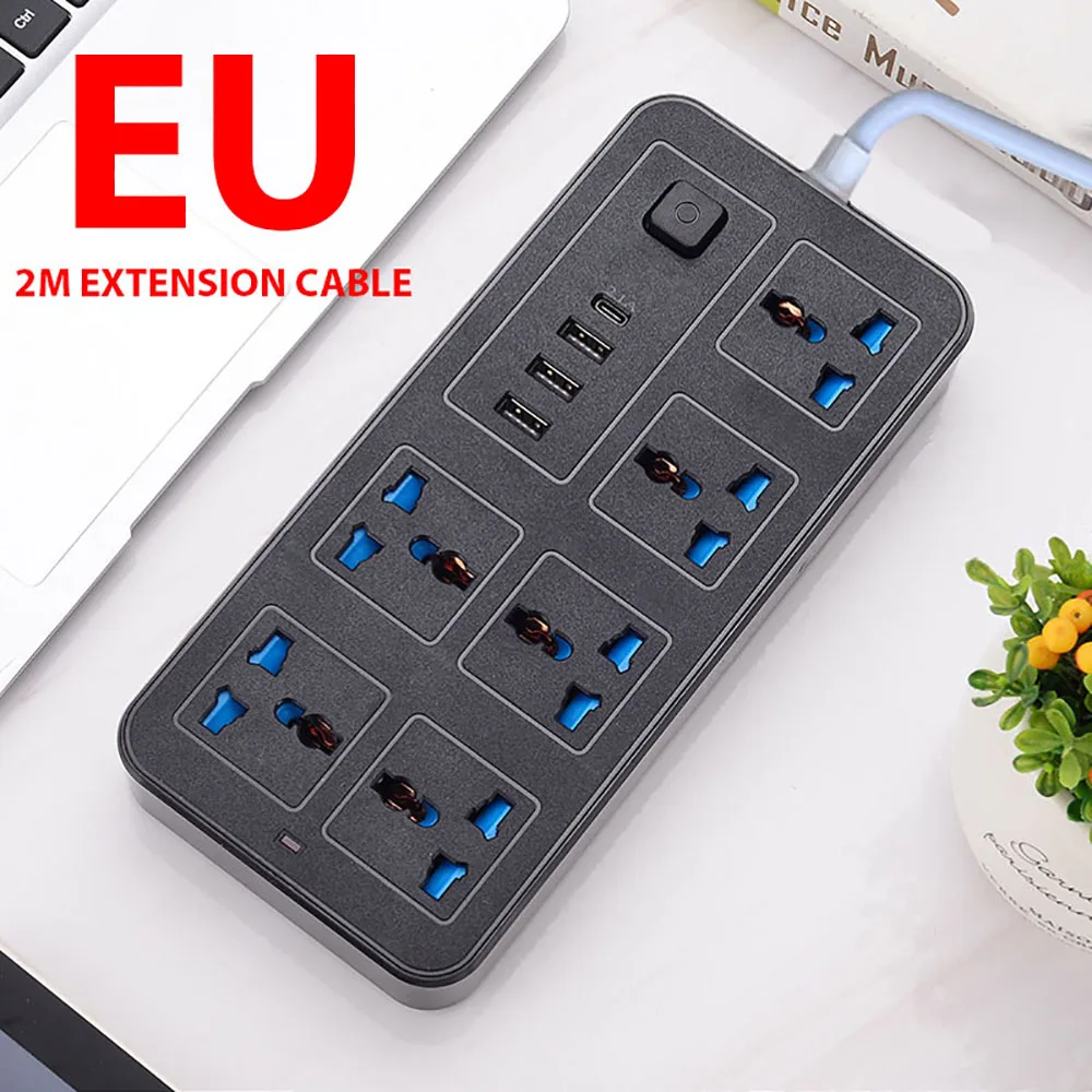 Strømuttak med flere tilkoblinger universalplugg eu usa uk stikkontakt strømskinne ac type c usb-port lade stikkontakt med 1.8m skjøteledninger