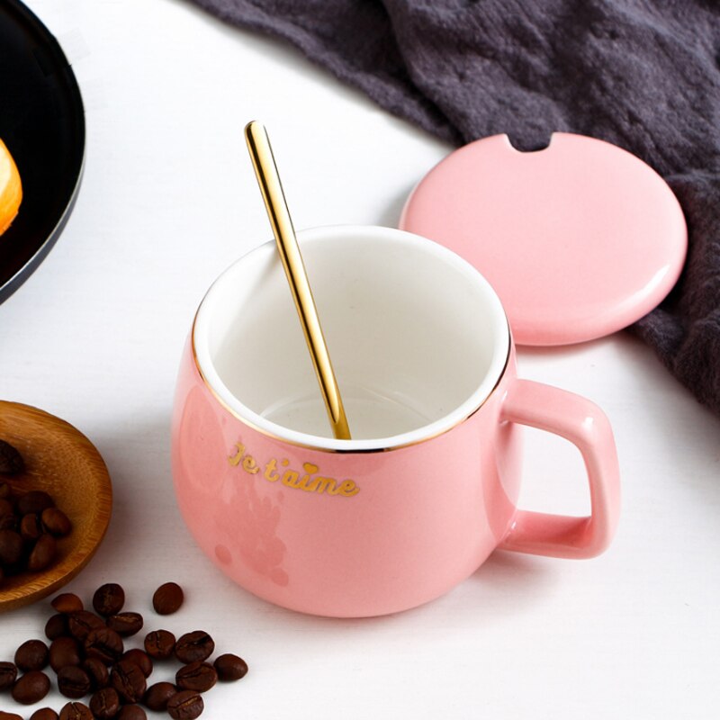 Cute Pink Ceramic Coffee Mugs with Cover Lid Spoon Porcelain Handle Milk Tea Girl Student Cup Lovers Teacup Mug 250ML