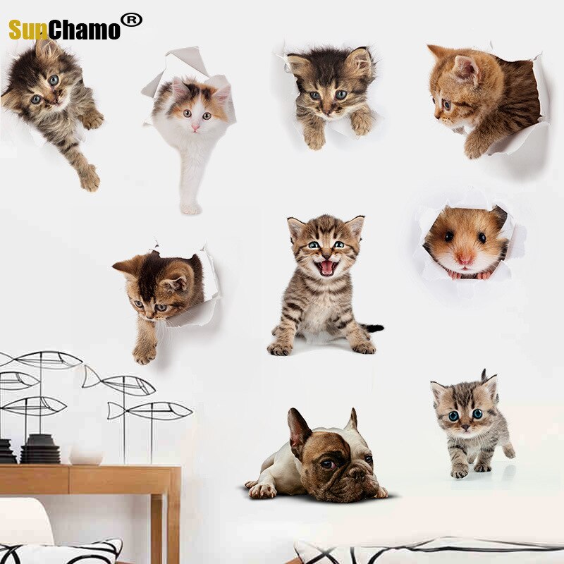 Grappige Hond Kat 3d Gat Wc Stickers Voor Wasruimte Huis Decoratie Diy Ainimals Pvc Muurschilderingen Cartoon Puppy Kitten Kids decals