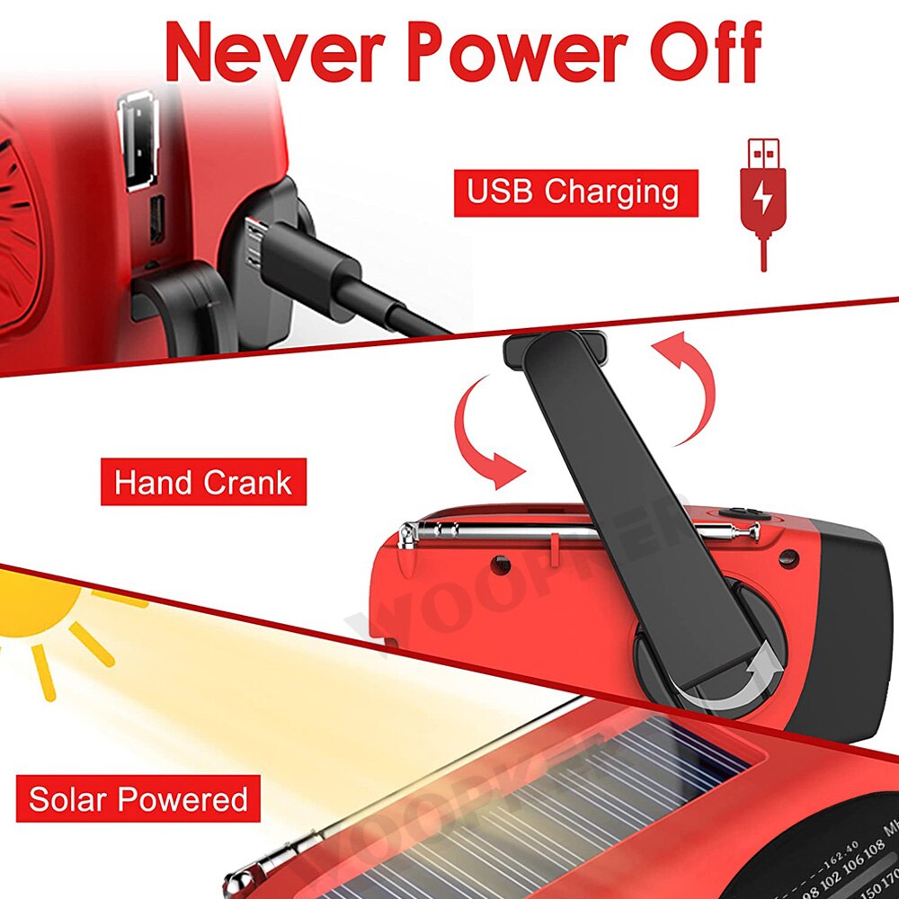 Radio ratunkowe Woopker E01 korba ręczna Solar USB (FM/ AM/ NOAA) WB radia pogodowe z powerbankiem latarki