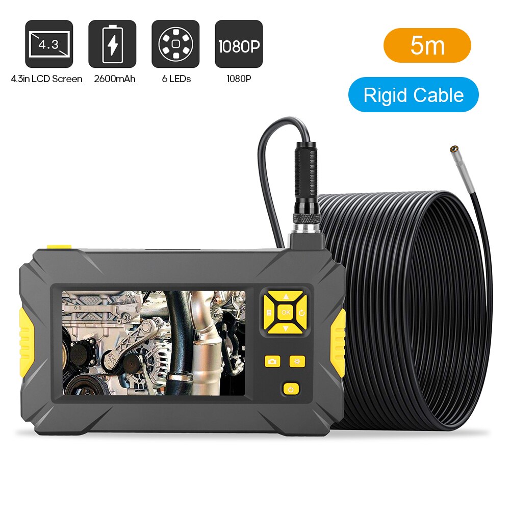 P30 4.3 Inch High-definition 1080P Waterproof Industrial Endoscope Borescope Inspection Camera Built-in 6pcs Adjustable LEDs: 5m Rigid Cable